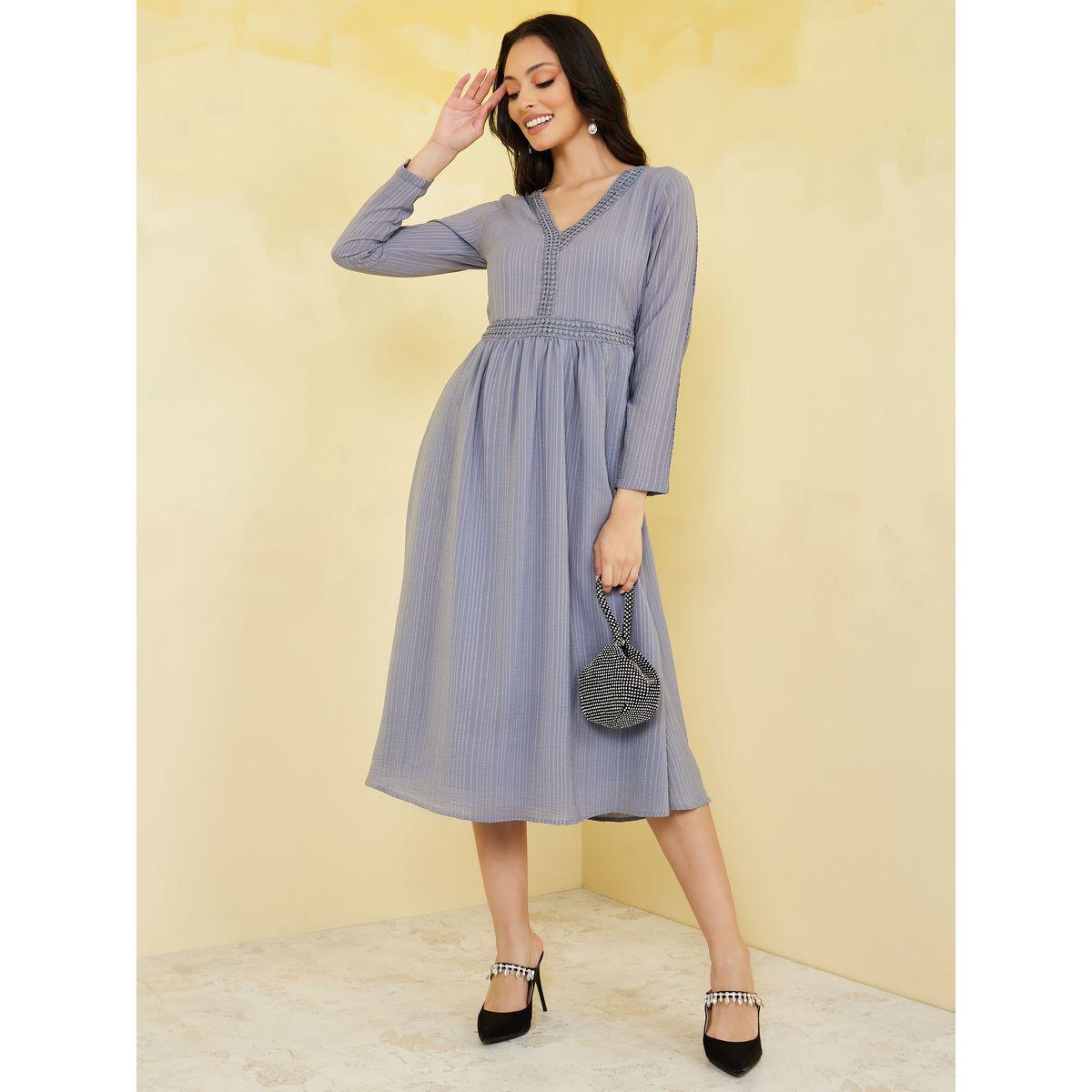 Styli V Neck Self Design A-Line Midi Dress-women-clothing-dresses-image-1