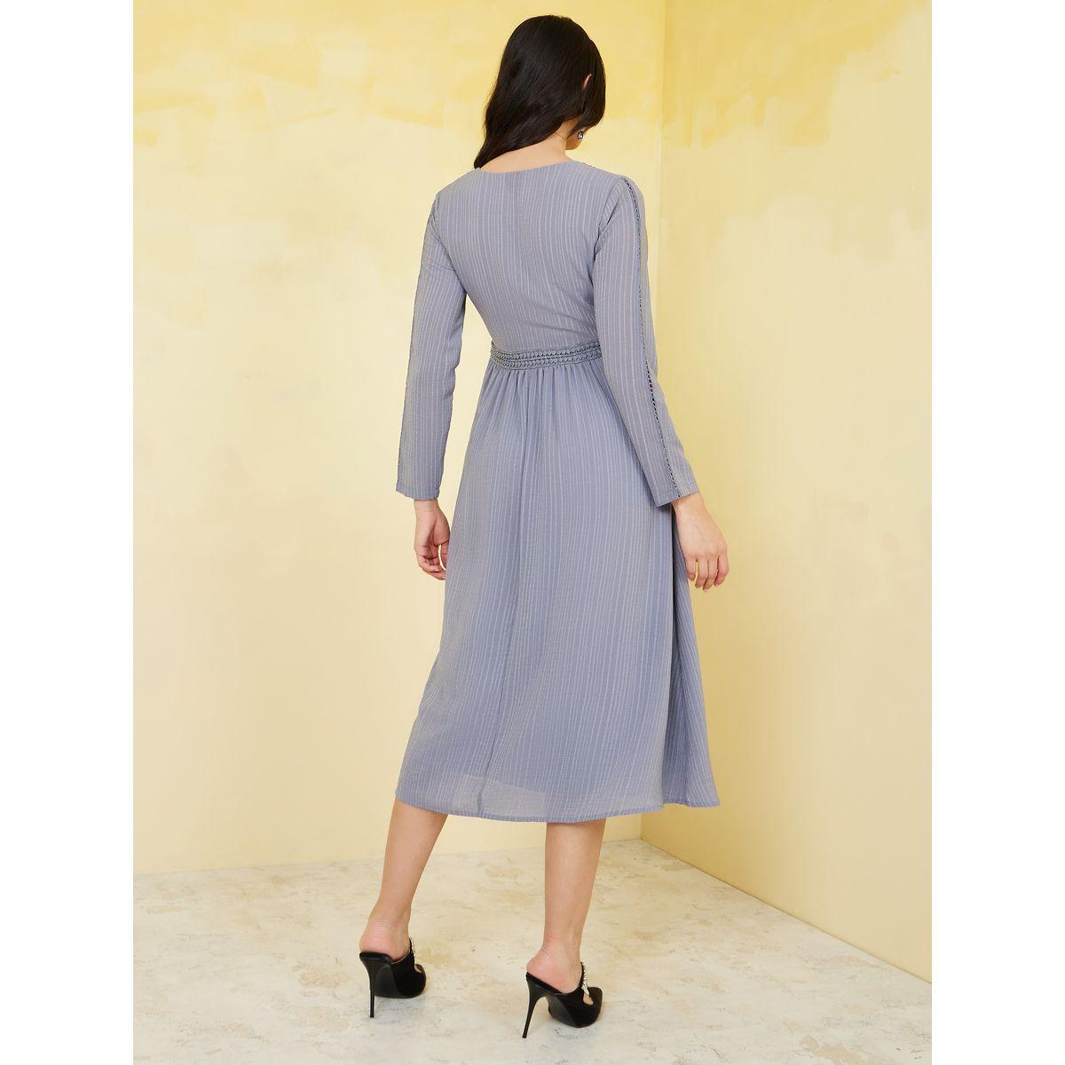 Styli V Neck Self Design A-Line Midi Dress-women-clothing-dresses-image-4