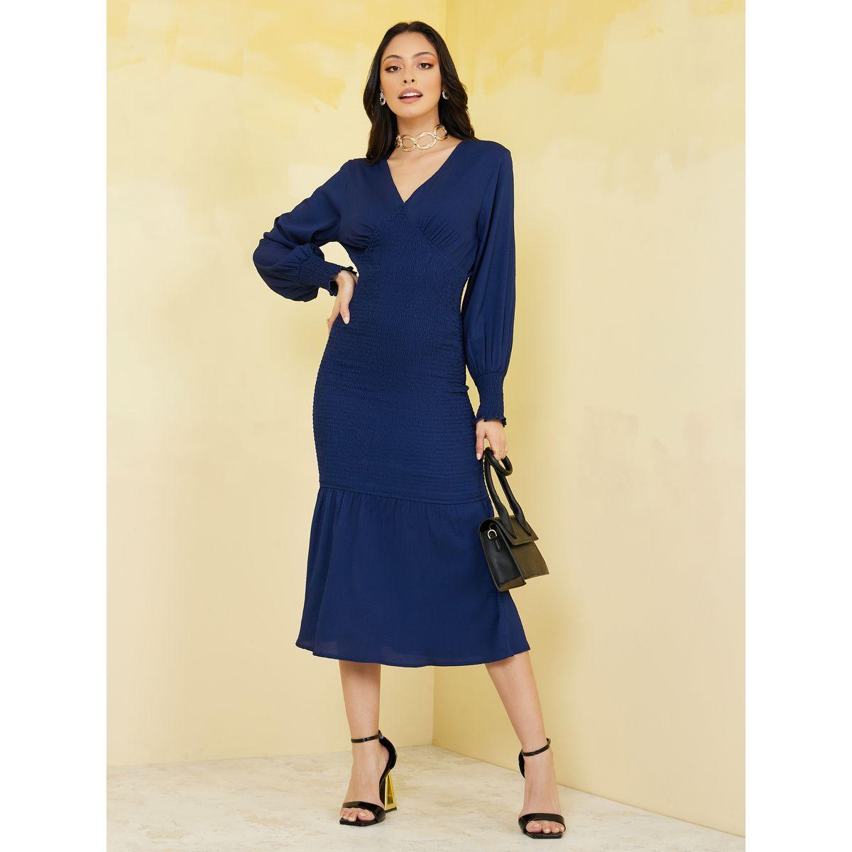 فستان ميدي بتفاصيل مزمومة-women-clothing-dresses-image-1