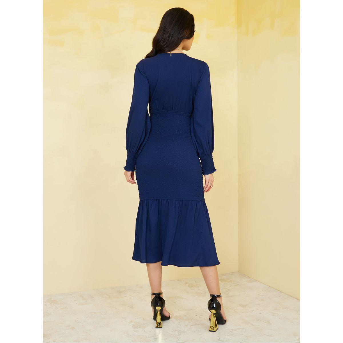 Styli Blouson Sleeve Shirred Bodycon Midi Dress-women-clothing-dresses-image-4