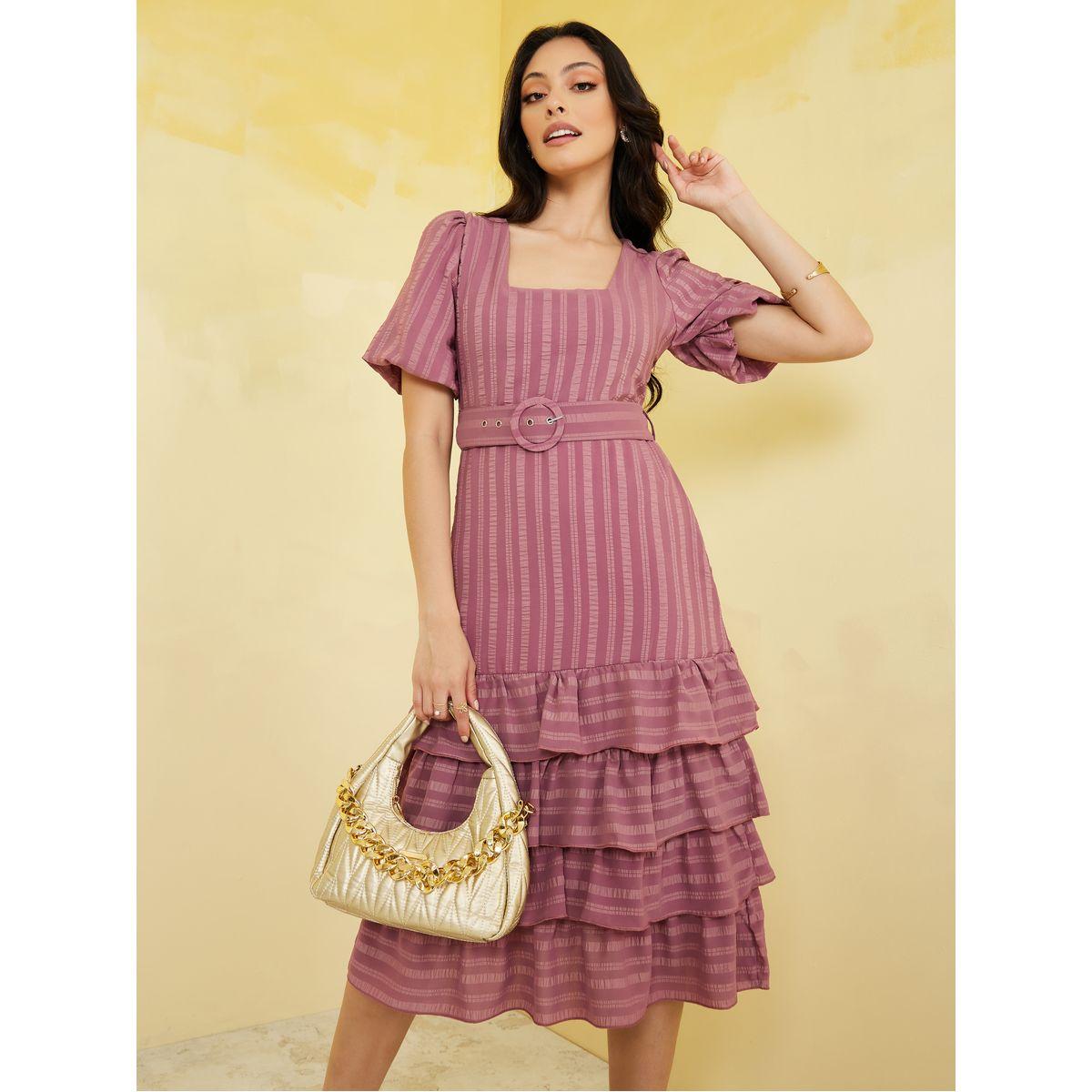 Styli Self Design Ruffled A-Line Belted Midi Dress-women-clothing-dresses-image-1