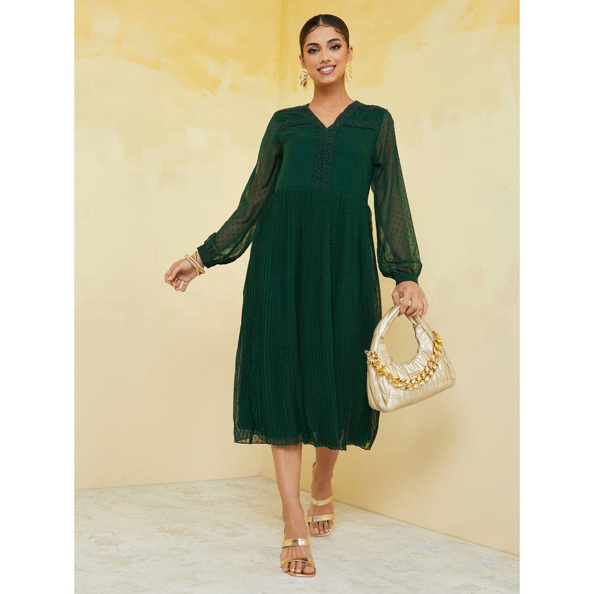 Styli Embroidered Insert Dobby Pleated A-Line Midi Dress-women-clothing-dresses-image-2