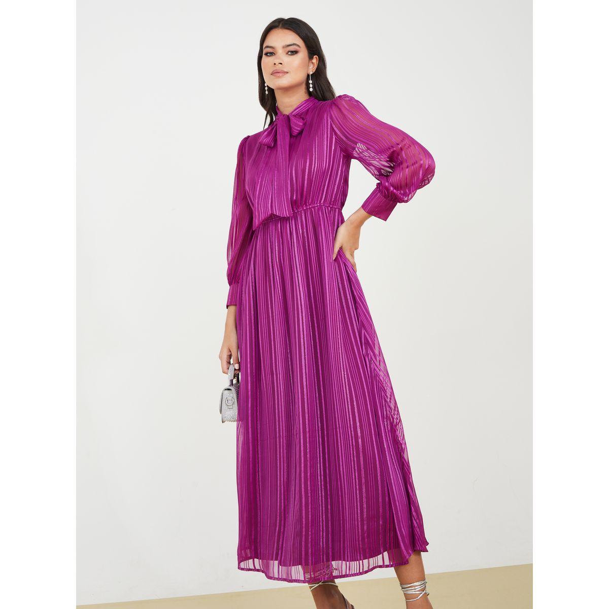 Styli Tie-Up Neck Lurex Stripe A-Line Maxi Dress-women-clothing-dresses-image-1