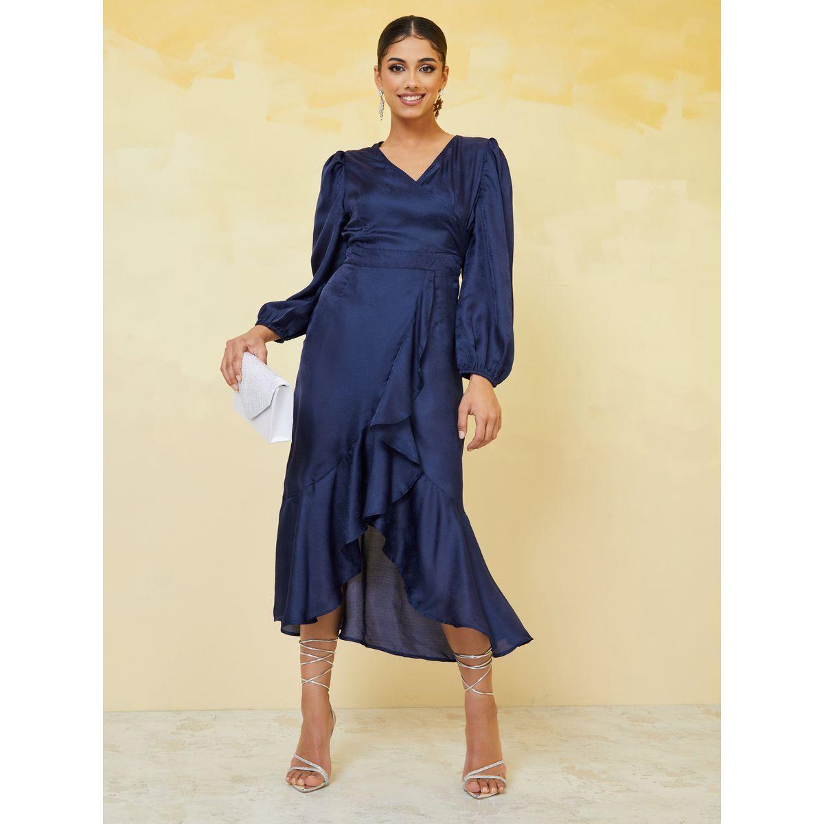 Styli Textured Asymmetric Ruffle Hem A-Line Midi Dress-women-clothing-dresses-image-2