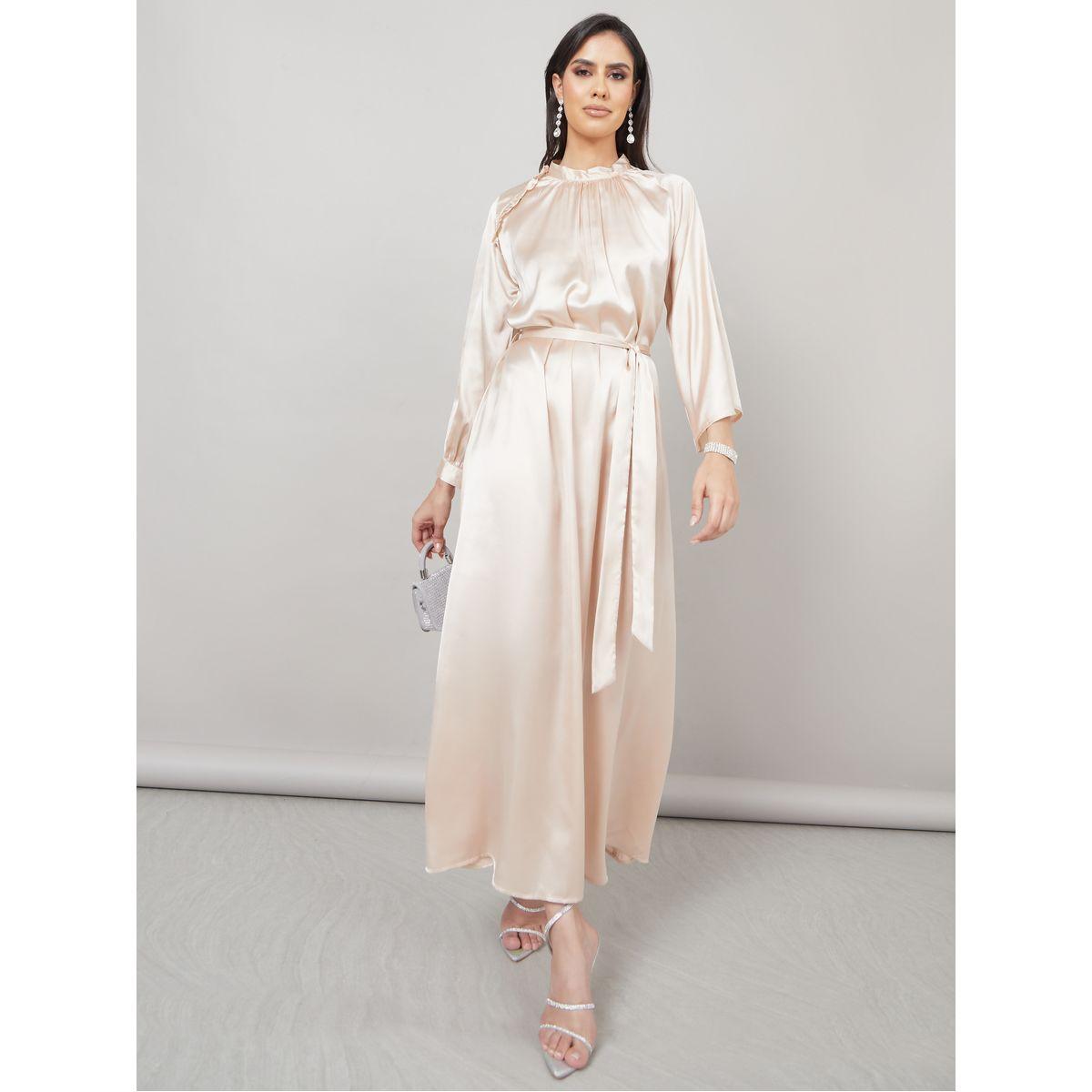 Styli High Neck A-Line Midi Dress with Tie Belt-women-clothing-dresses-image-1
