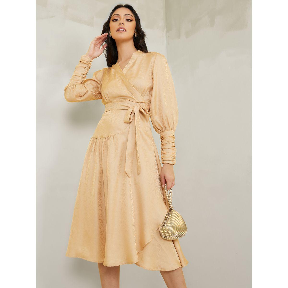 Styli Cuffed Sleeve Jacquard Wrap Midi Dress-women-clothing-dresses-image-1