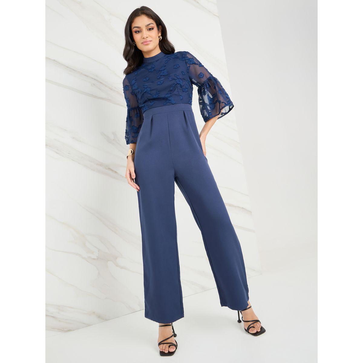 Styli Chiffon Jacquard 3/4 Sleeve Jumpsuit-women-clothing-jumpsuits-image-1