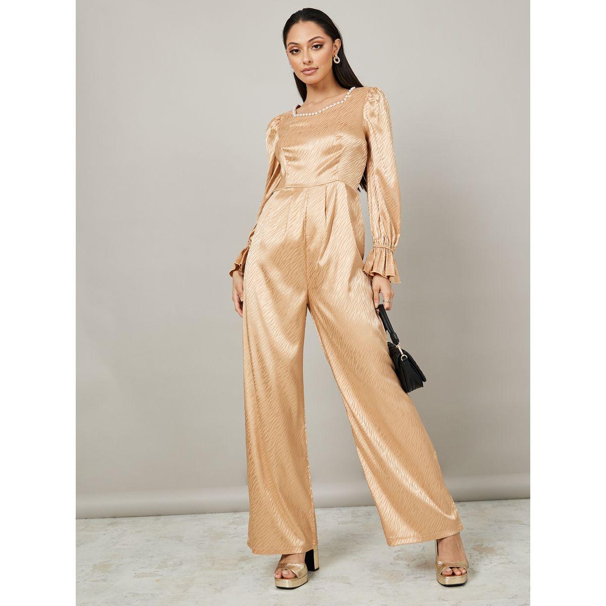 Styli Faux Pearl Detail Wide Leg Satin Jacquard Jumpsuit-women-clothing-jumpsuits-image-1