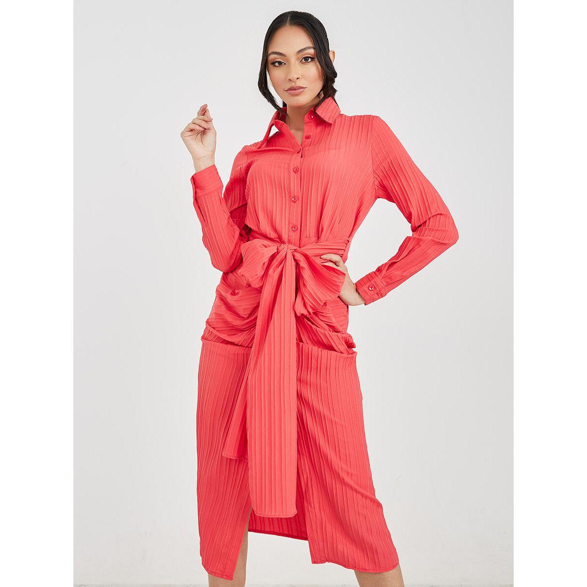 Styli Bow Tie-Front Detail Textured Shirt Midi Dress-women-clothing-dresses-image-1