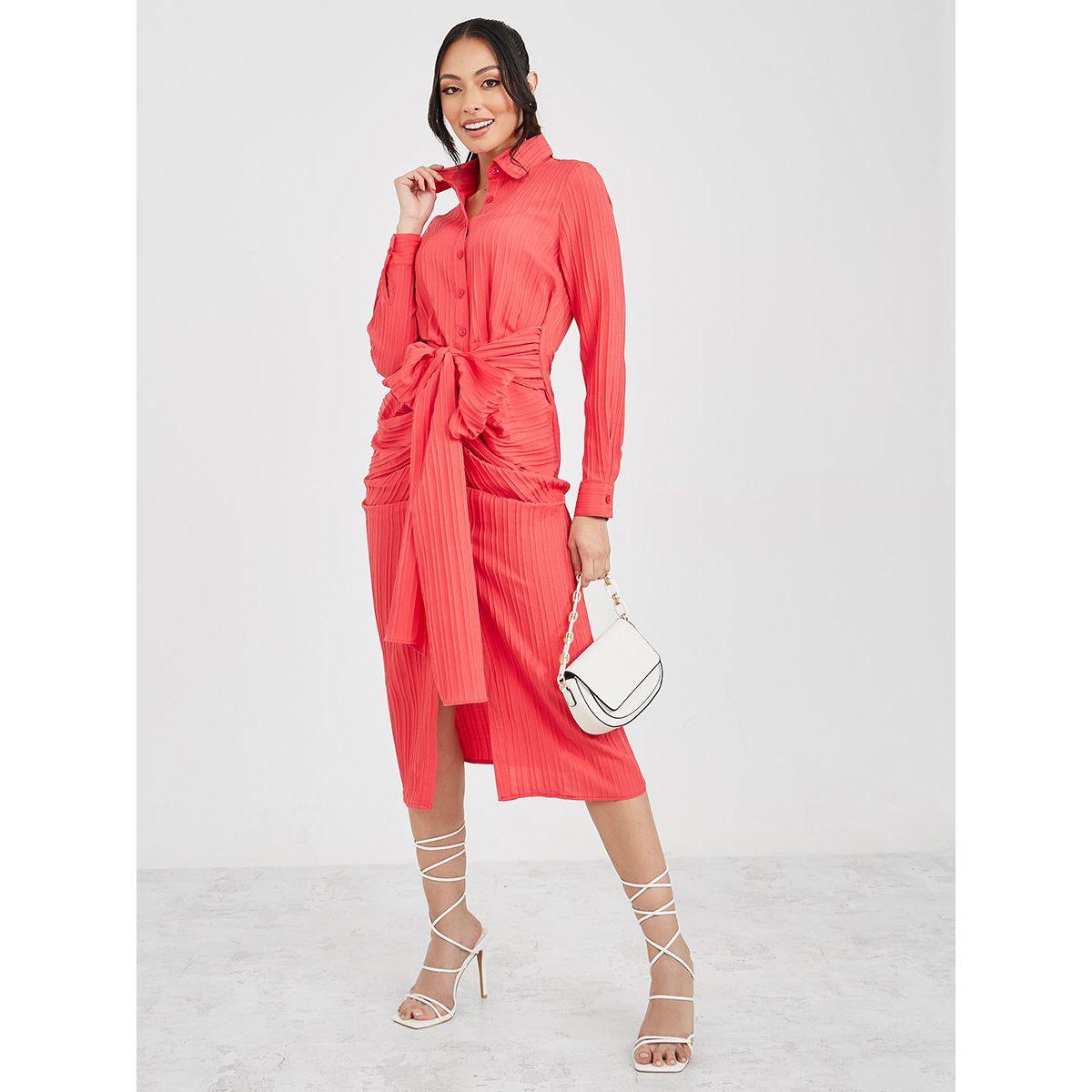 Styli Bow Tie-Front Detail Textured Shirt Midi Dress-women-clothing-dresses-image-2