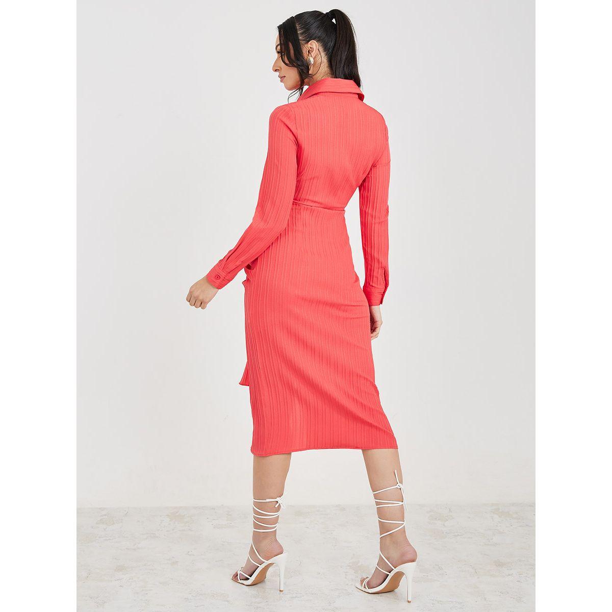 Styli Bow Tie-Front Detail Textured Shirt Midi Dress-women-clothing-dresses-image-4