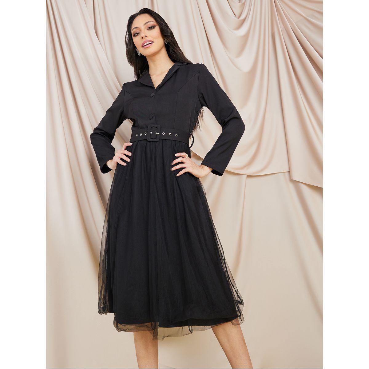 Styli Mesh Insert A-Line Midi Dress with Belt-women-clothing-dresses-image-1