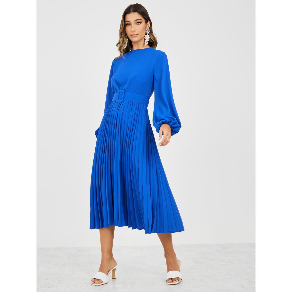 Styli Volume Sleeve Pleated A-Line Midi Dress with Belt