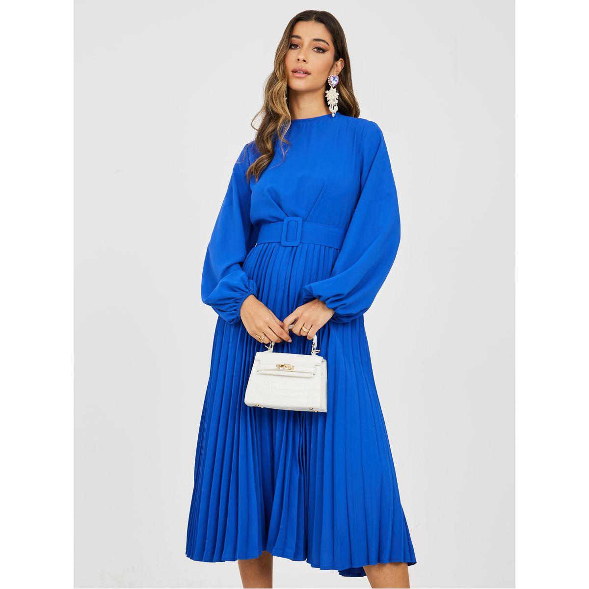 Styli Volume Sleeve Pleated A-Line Midi Dress with Belt-women-clothing-dresses-image-2