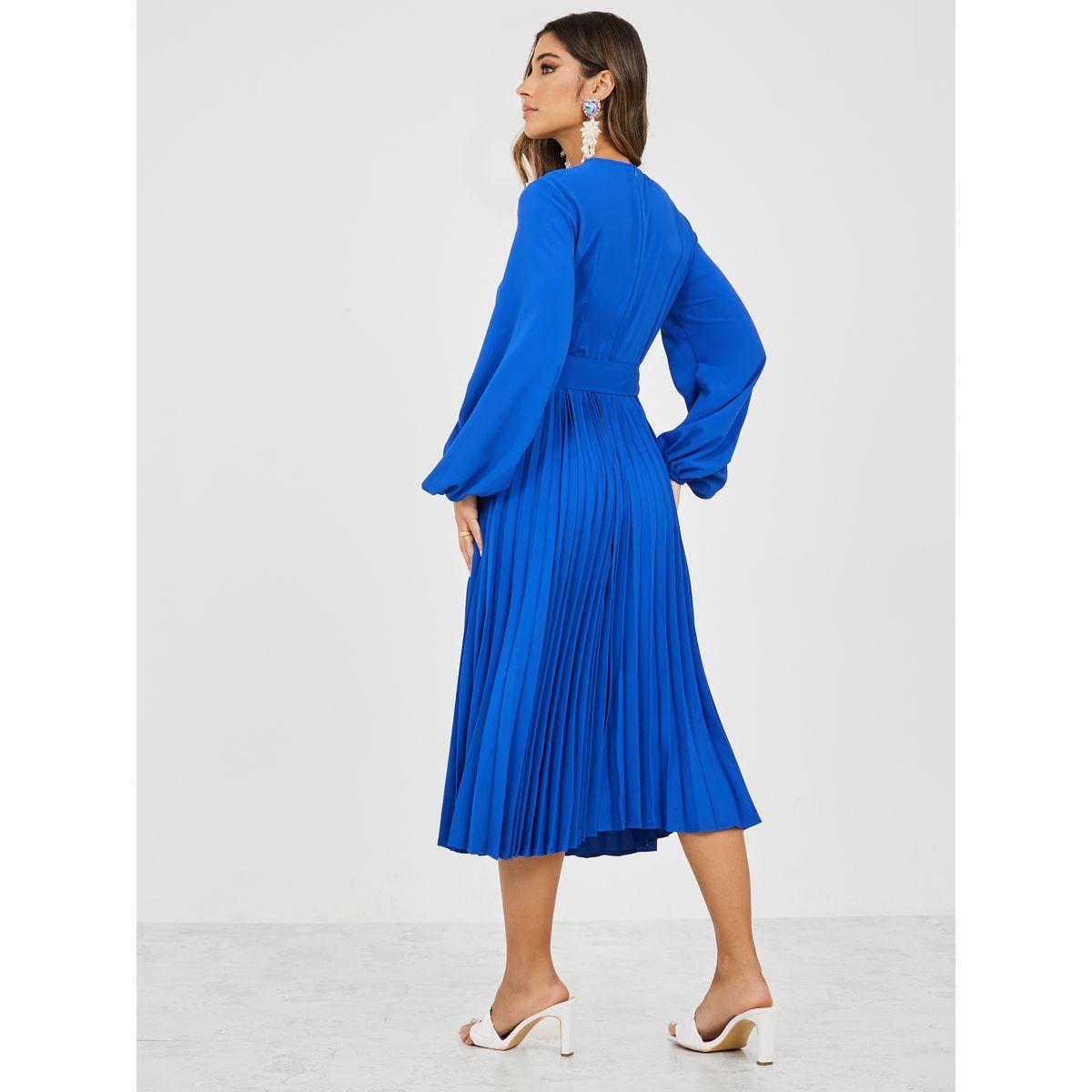 Styli Volume Sleeve Pleated A-Line Midi Dress with Belt-women-clothing-dresses-image-4