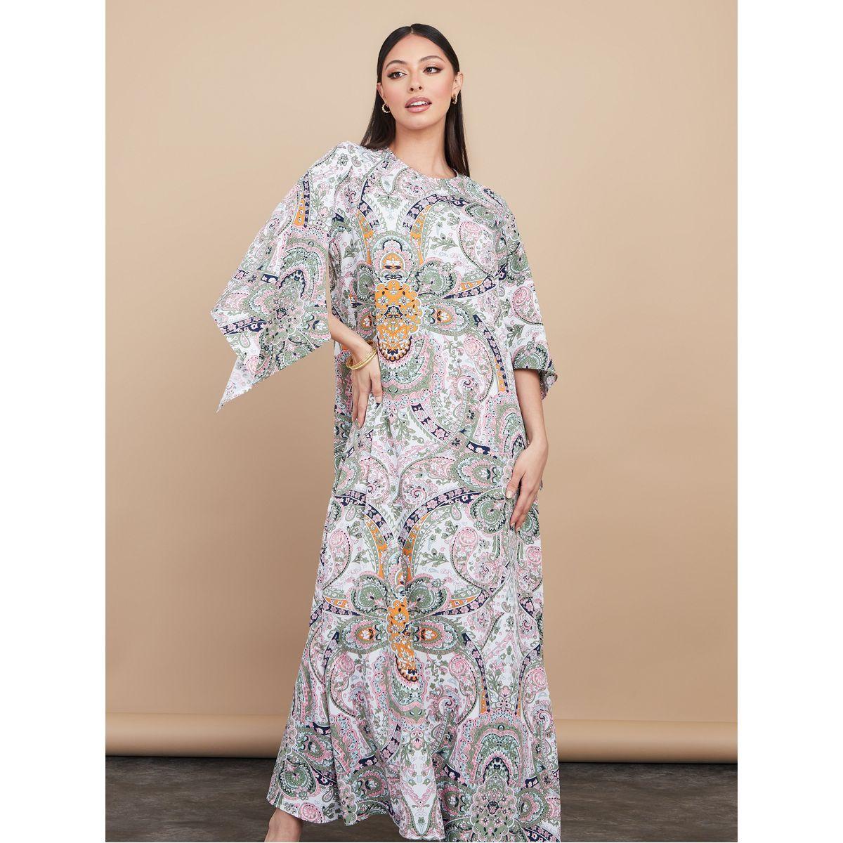 Styli 3/4 Sleeves Scarf Print Kaftan Dress-women-arabicclothing-kaftan-image-1