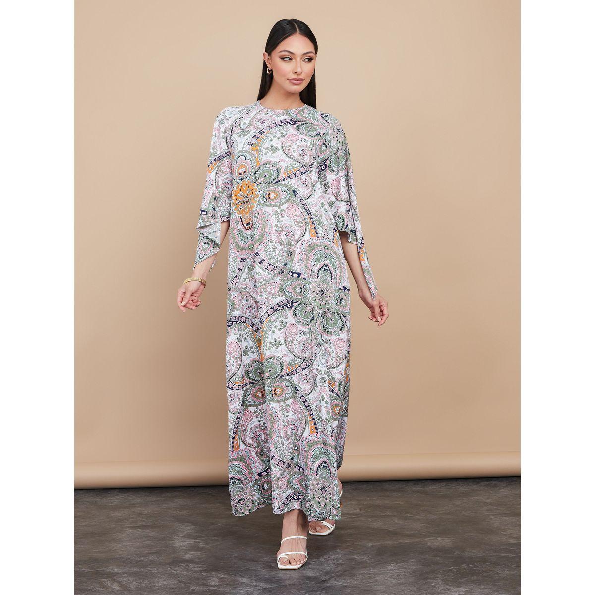 Styli 3/4 Sleeves Scarf Print Kaftan Dress-women-arabicclothing-kaftan-image-2