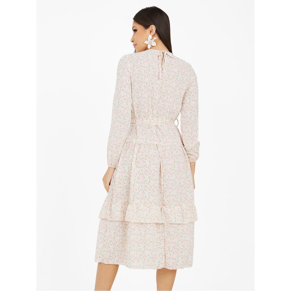 Styli Floral Ditsy AOP Tiered Midi Dress with Self Tie Up-women-clothing-dresses-image-4