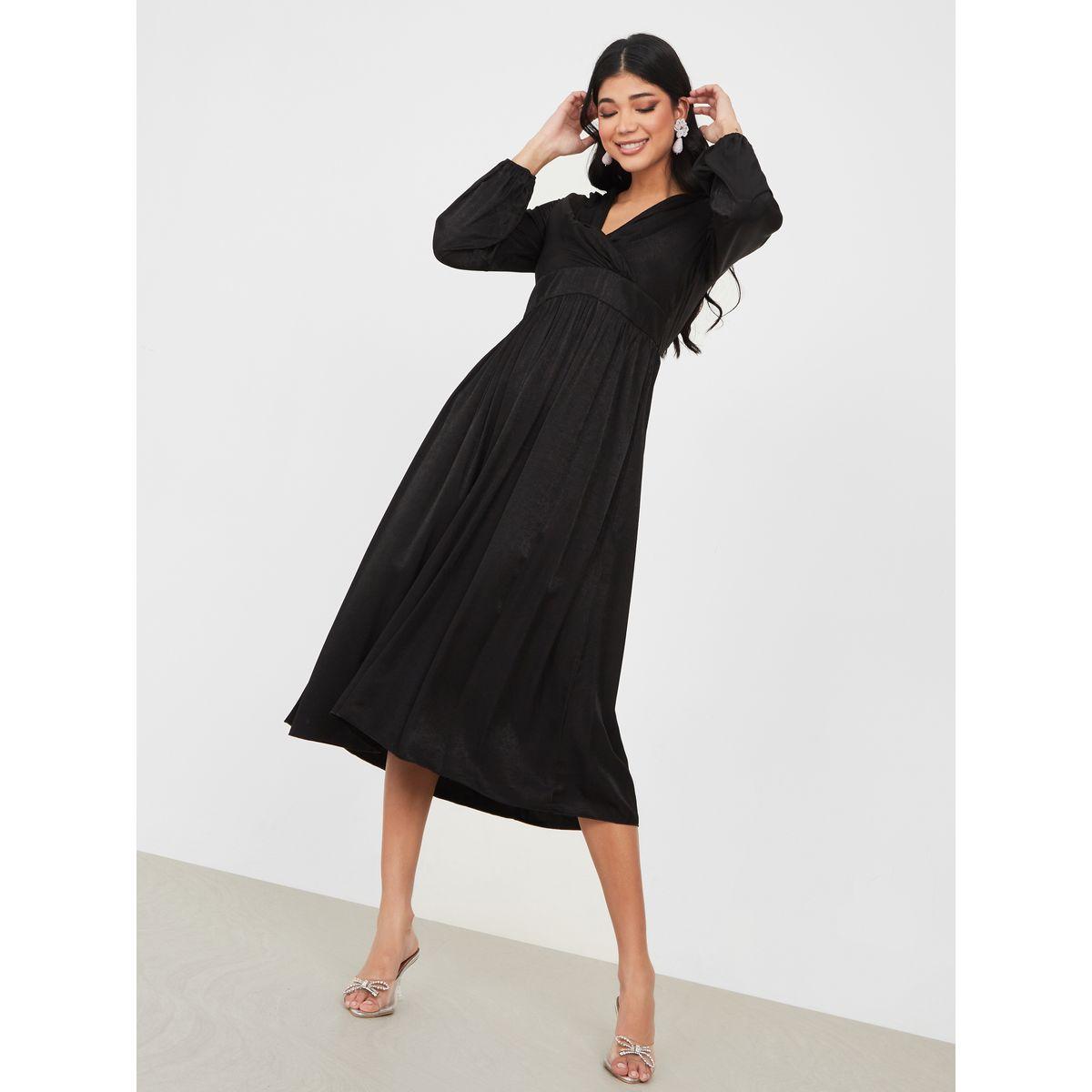 Styli Solid Wrap Front A-Line Midi Dress-women-clothing-dresses-image-1