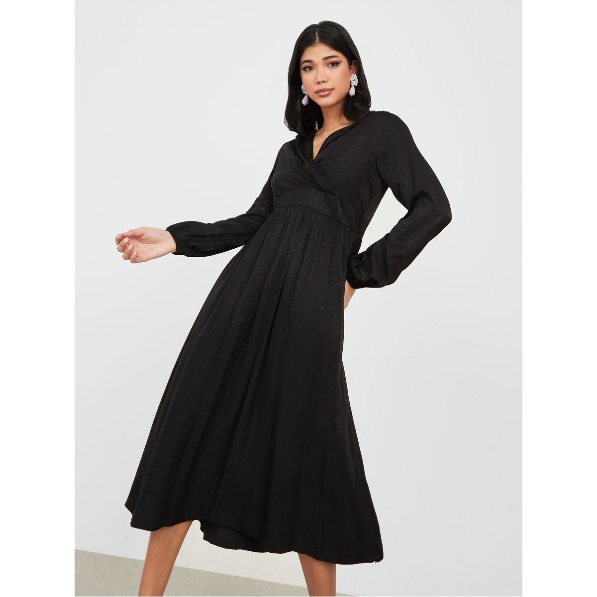 Styli Solid Wrap Front A-Line Midi Dress-women-clothing-dresses-image-2