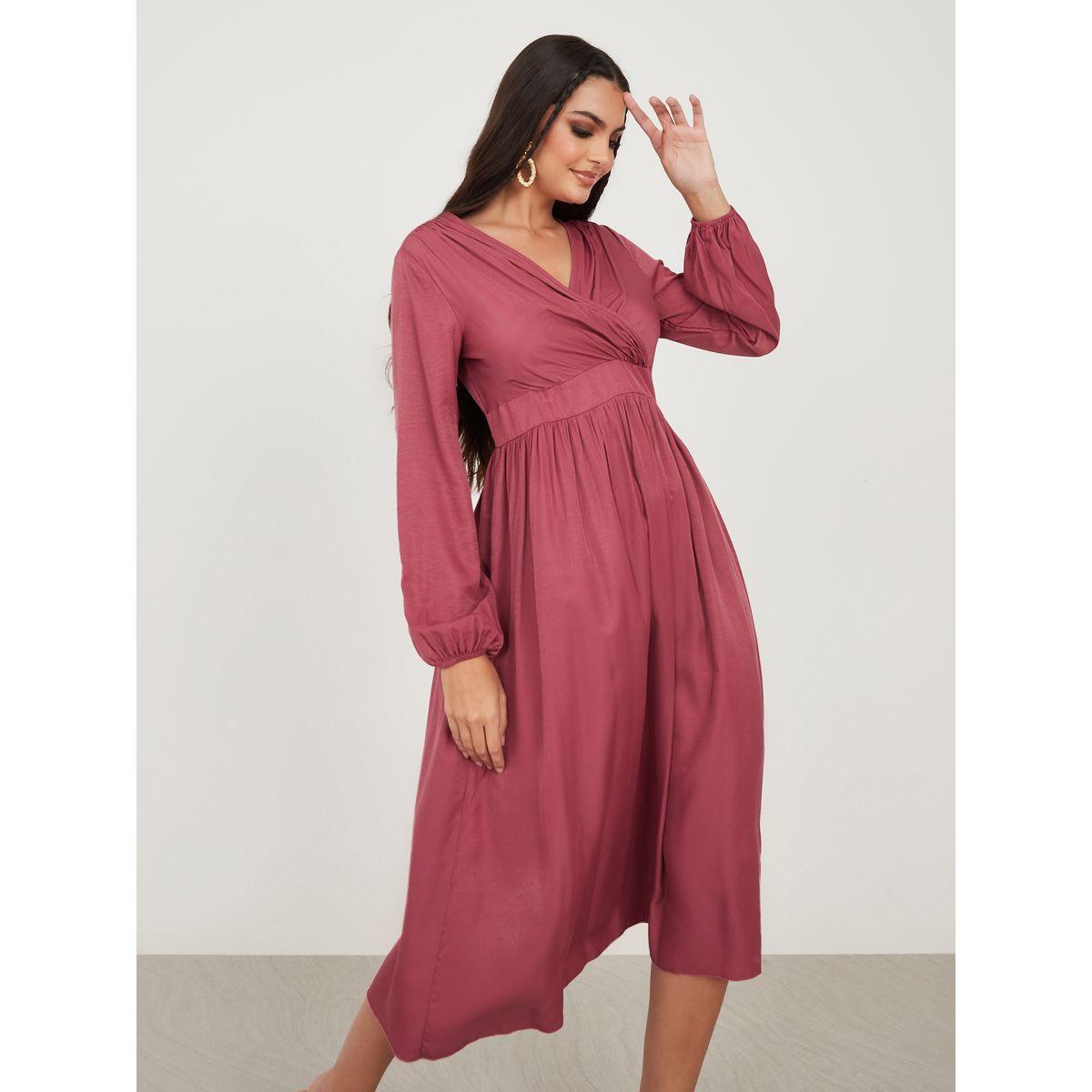 Styli Solid Wrap Front A-Line Midi Dress-women-clothing-dresses-image-1