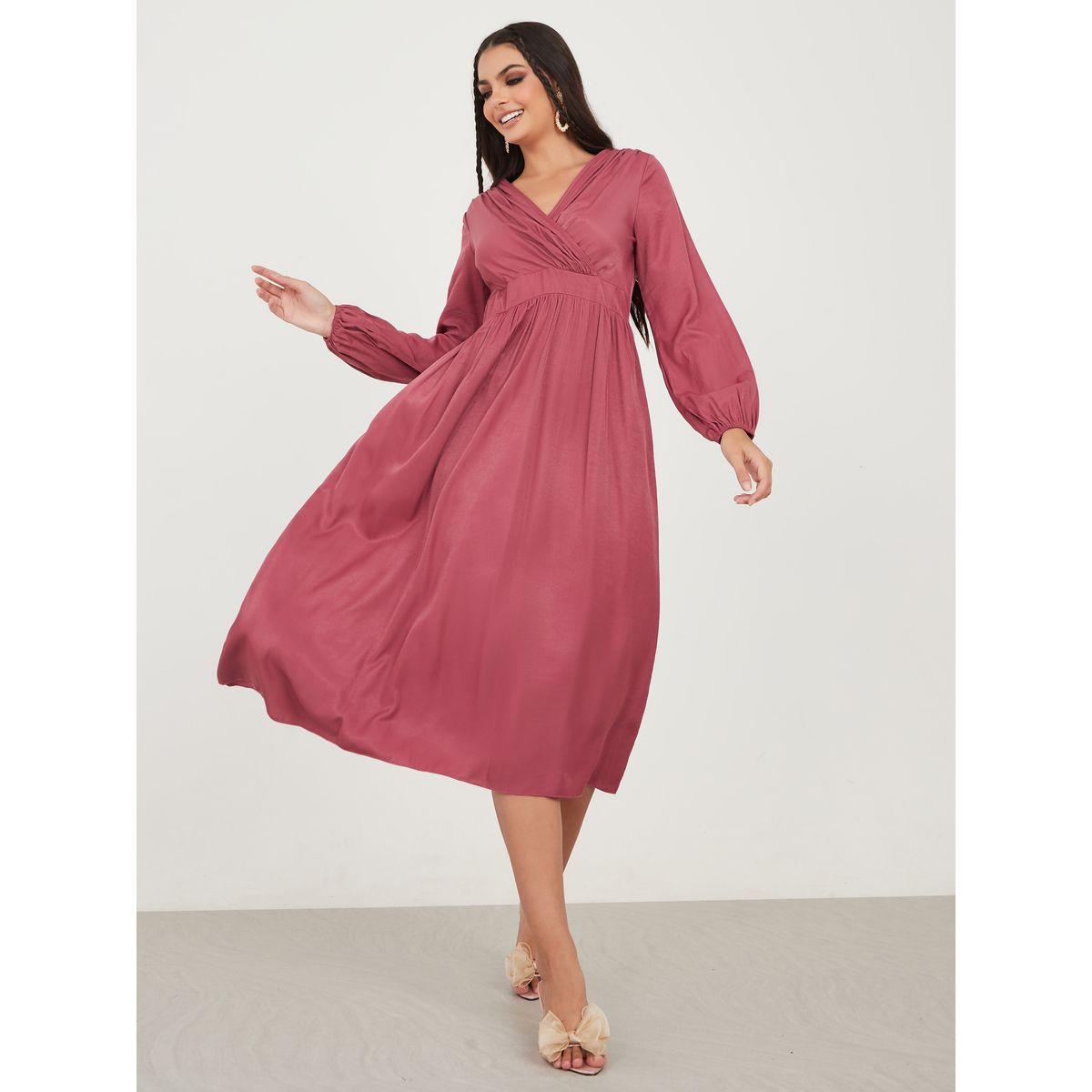 Styli Solid Wrap Front A-Line Midi Dress-women-clothing-dresses-image-2