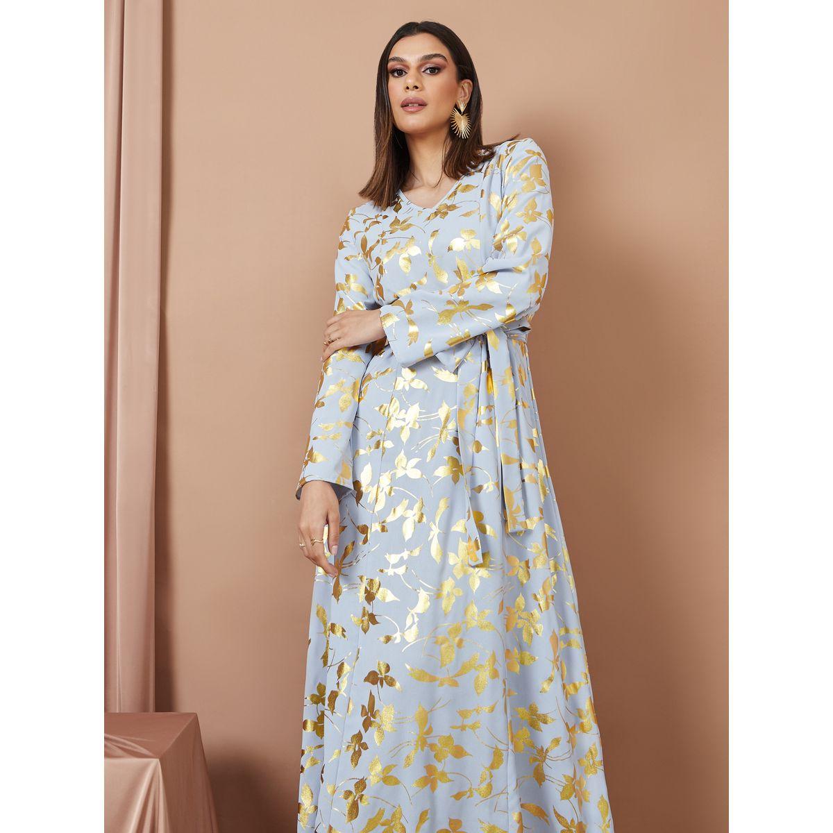 Styli Floral Foil Print A-Line Jalabiya with Tie Belt-women-arabicclothing-jalabiyas-image-2