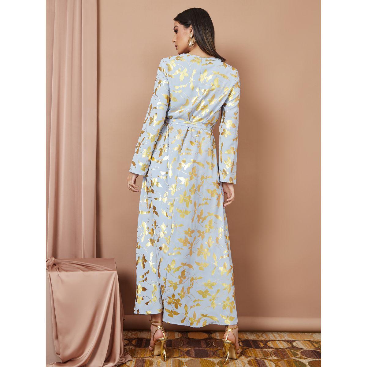Styli Floral Foil Print A-Line Jalabiya with Tie Belt-women-arabicclothing-jalabiyas-image-4