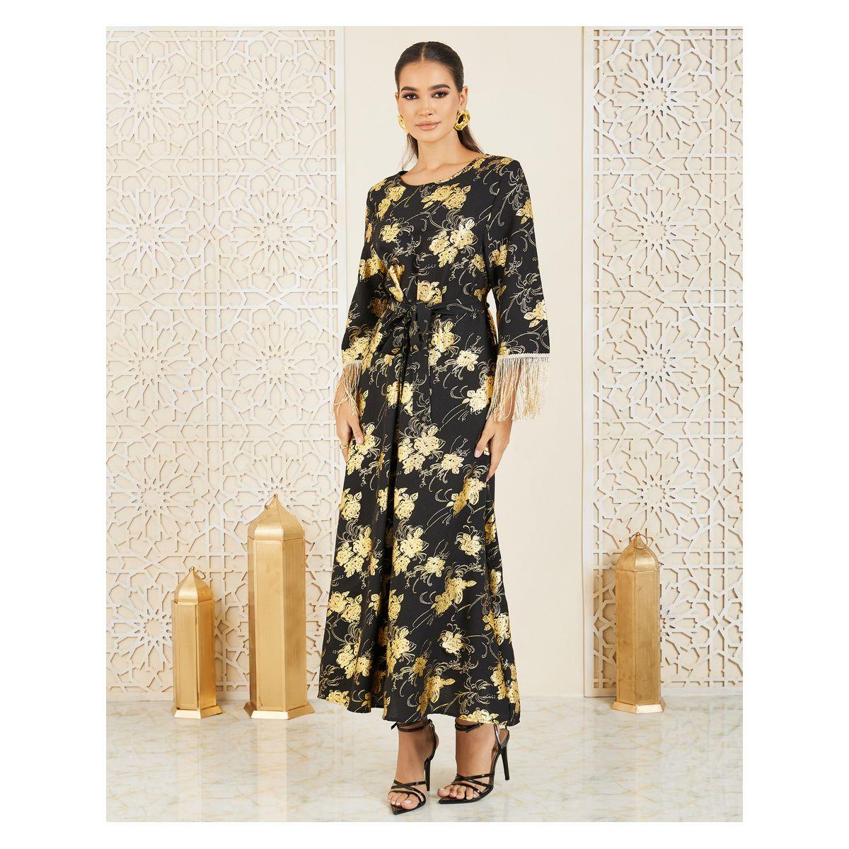 Styli Floral Foil Print Tassel Trim Self Tie Jalabiya-women-arabicclothing-jalabiyas-image-1