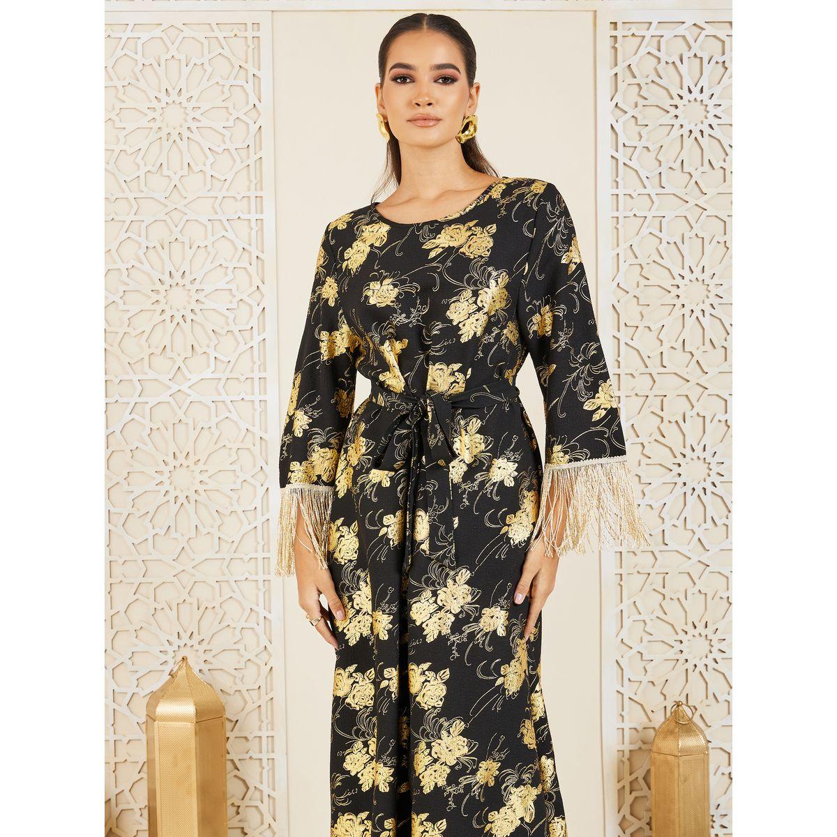 Styli Floral Foil Print Tassel Trim Self Tie Jalabiya-women-arabicclothing-jalabiyas-image-2