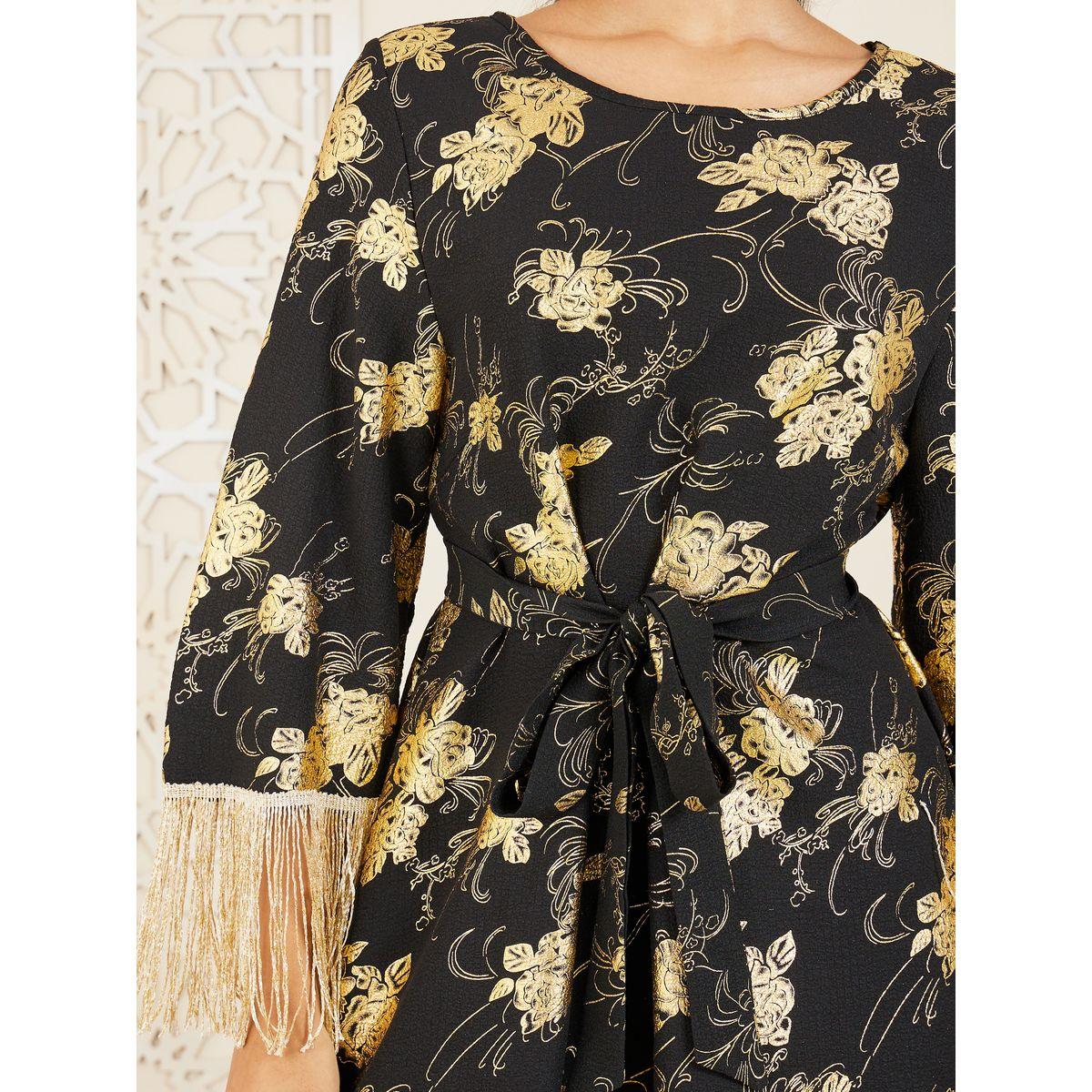 Styli Floral Foil Print Tassel Trim Self Tie Jalabiya-women-arabicclothing-jalabiyas-image-3
