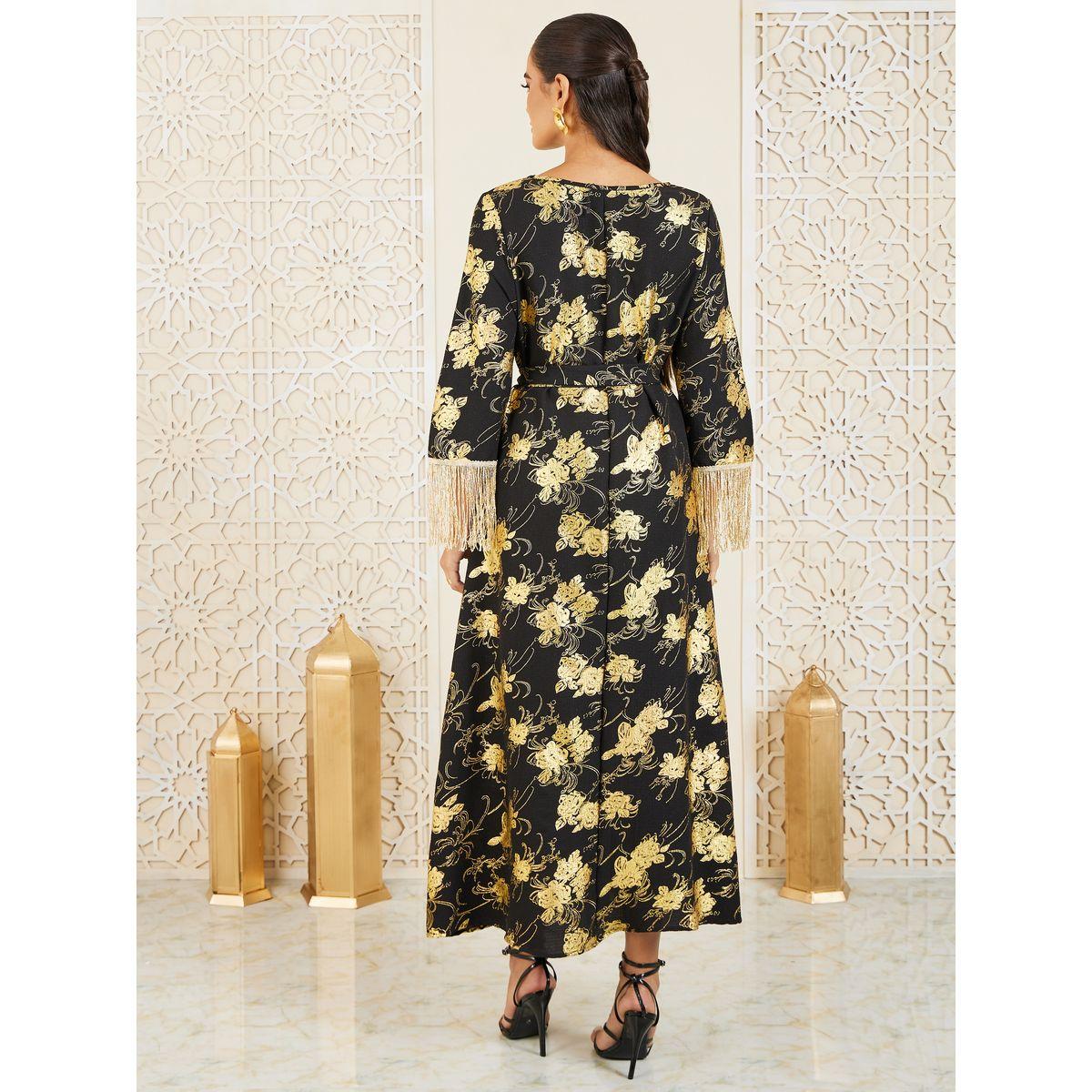 Styli Floral Foil Print Tassel Trim Self Tie Jalabiya-women-arabicclothing-jalabiyas-image-4