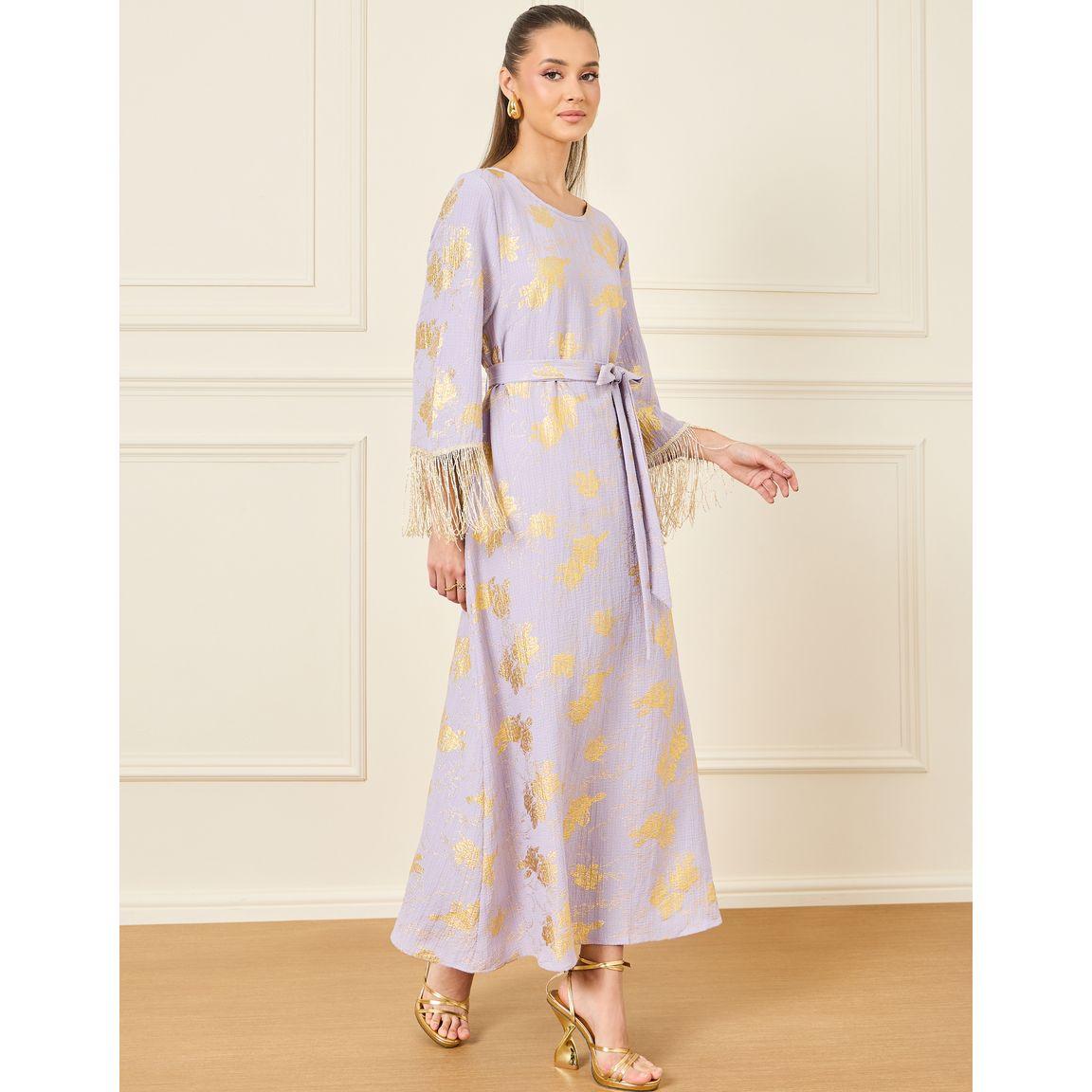 Styli Foil Print Tassel Detail A-Line Jalabiya-women-arabicclothing-jalabiyas-image-1