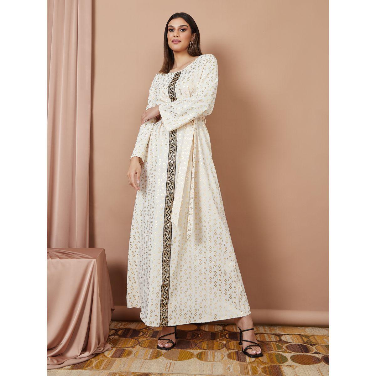Styli Foil Print A-Line Jalabiya with Self Tie Up-women-arabicclothing-jalabiyas-image-1