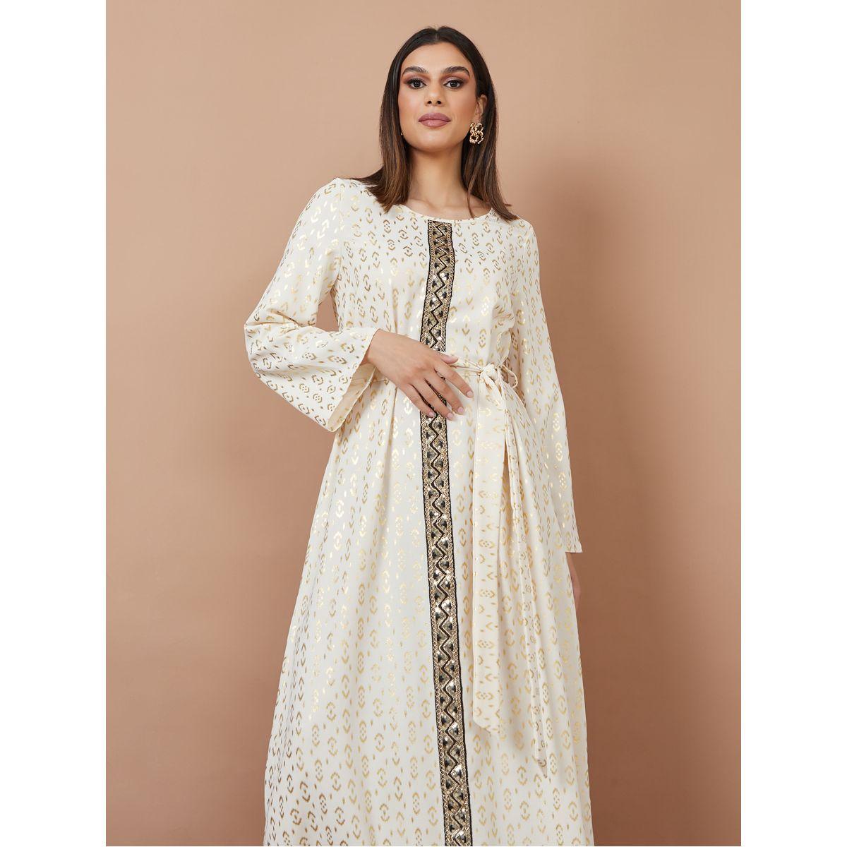 Styli Foil Print A-Line Jalabiya with Self Tie Up-women-arabicclothing-jalabiyas-image-2