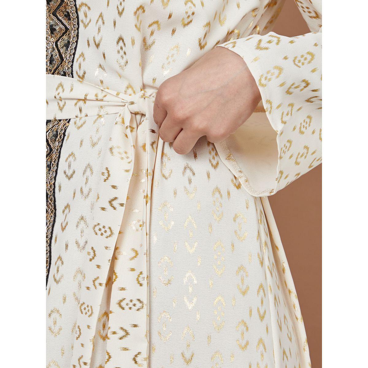 Styli Foil Print A-Line Jalabiya with Self Tie Up-women-arabicclothing-jalabiyas-image-3