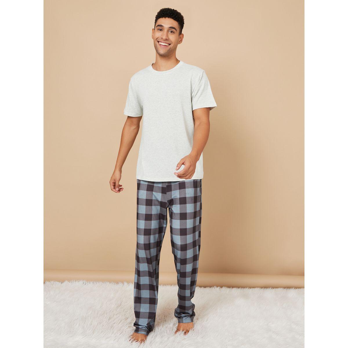 Styli Unwind Solid T-shirt and Checked Pajama Sets-men-clothing-nightwear-sets-image-3