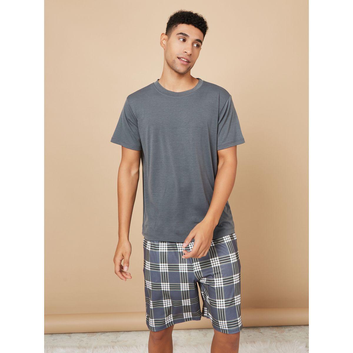 Styli Unwind Solid T-shirt and Checked Shorts Set-men-clothing-nightwear-sets-image-1