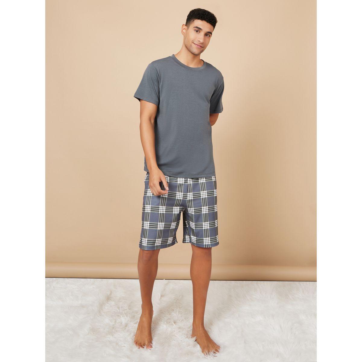Styli Unwind Solid T-shirt and Checked Shorts Set-men-clothing-nightwear-sets-image-2