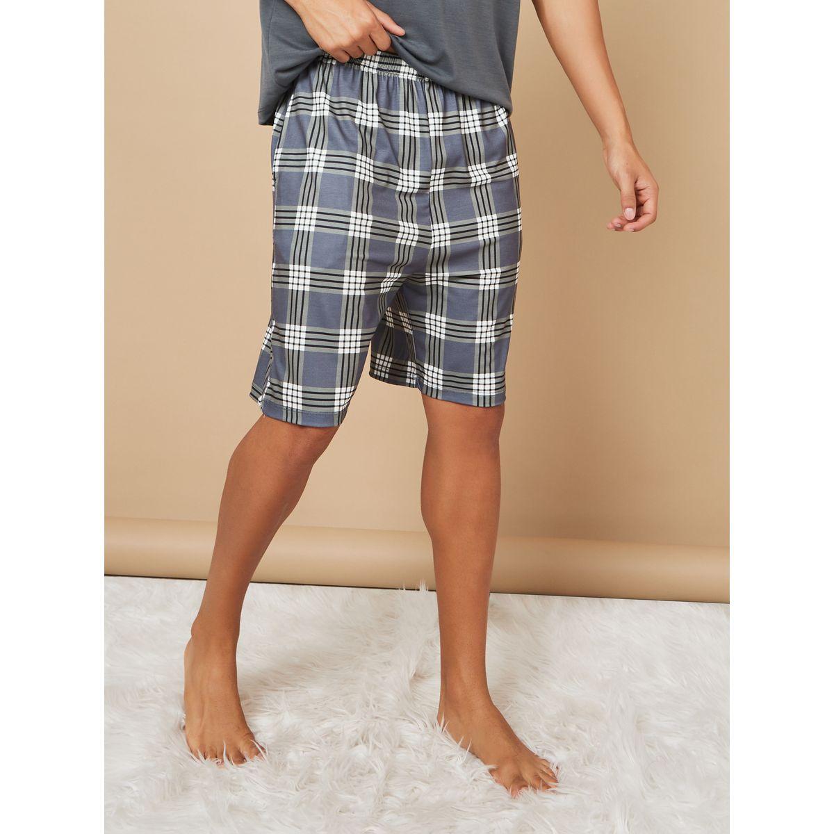 Styli Unwind Solid T-shirt and Checked Shorts Set-men-clothing-nightwear-sets-image-4