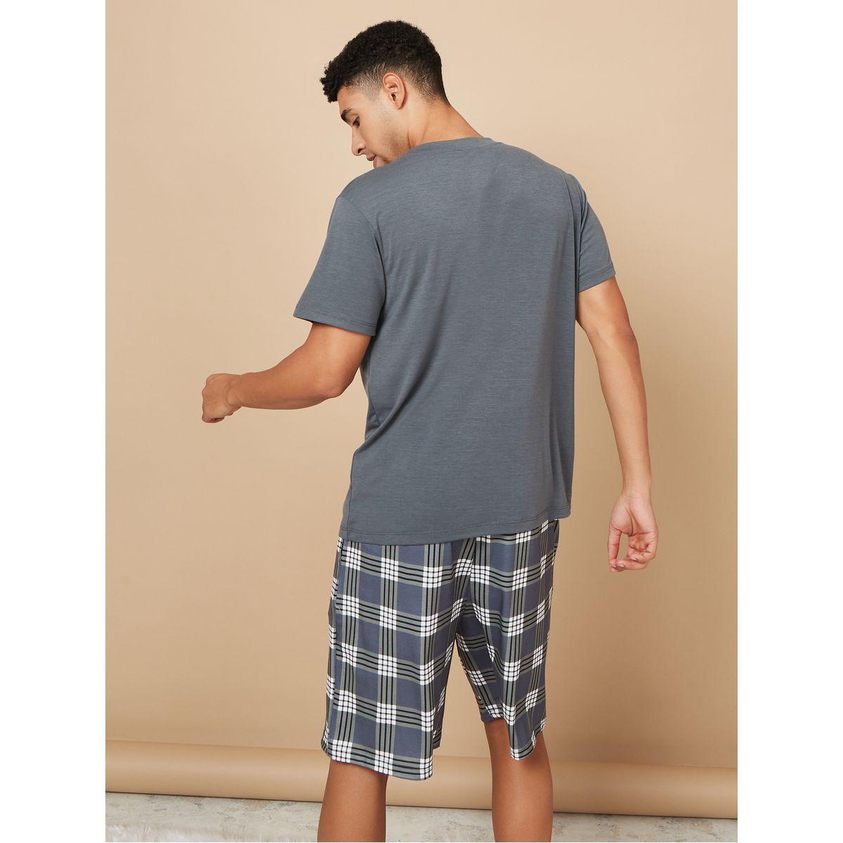 Styli Unwind Solid T-shirt and Checked Shorts Set-men-clothing-nightwear-sets-image-5