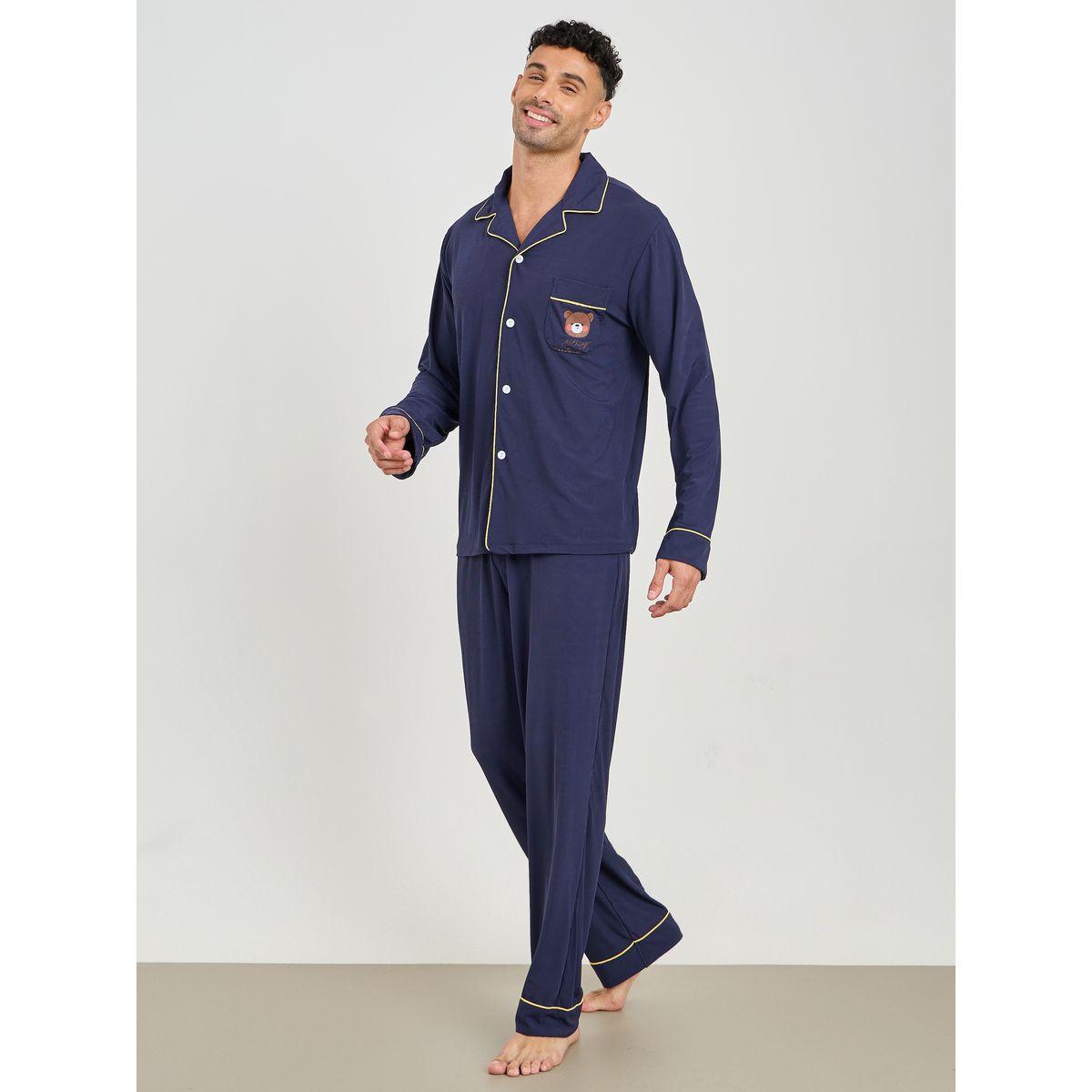 Styli Unwind Teddy Print Piped Detail Shirt & Pyjama Set-men-clothing-nightwear-sets-image-1