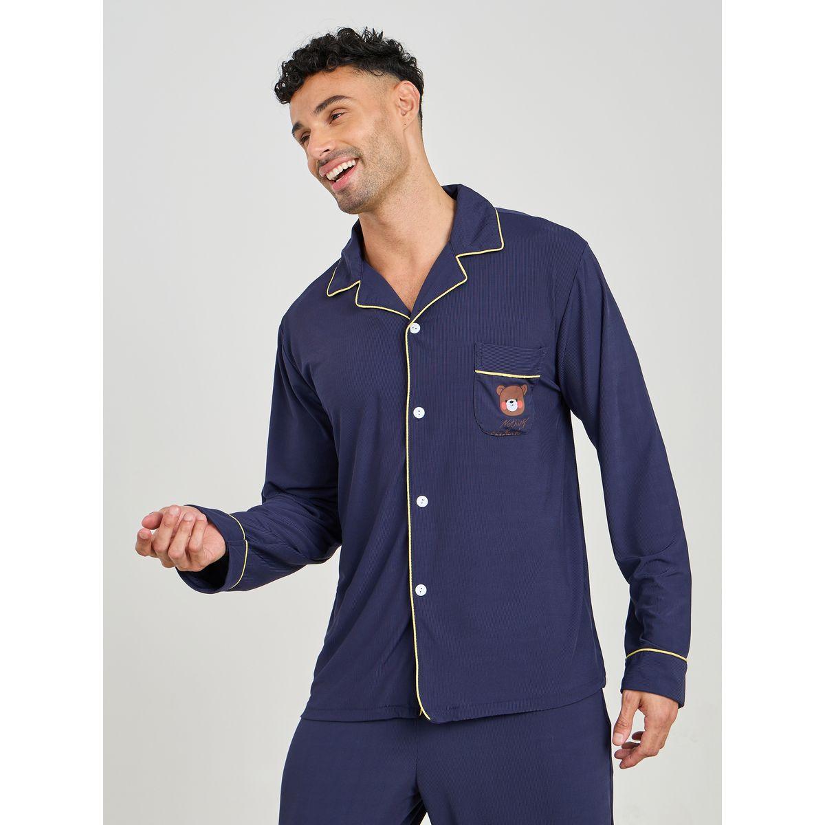Styli Unwind Teddy Print Piped Detail Shirt & Pyjama Set-men-clothing-nightwear-sets-image-2