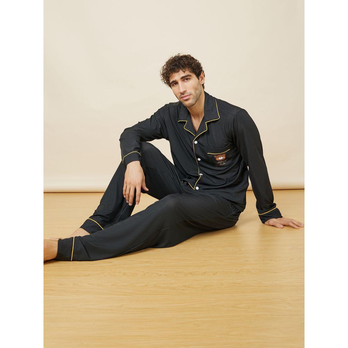 Styli Unwind Piped Detail Teddy Print Shirt and Pajama Sets-men-clothing-nightwear-sets-image-1