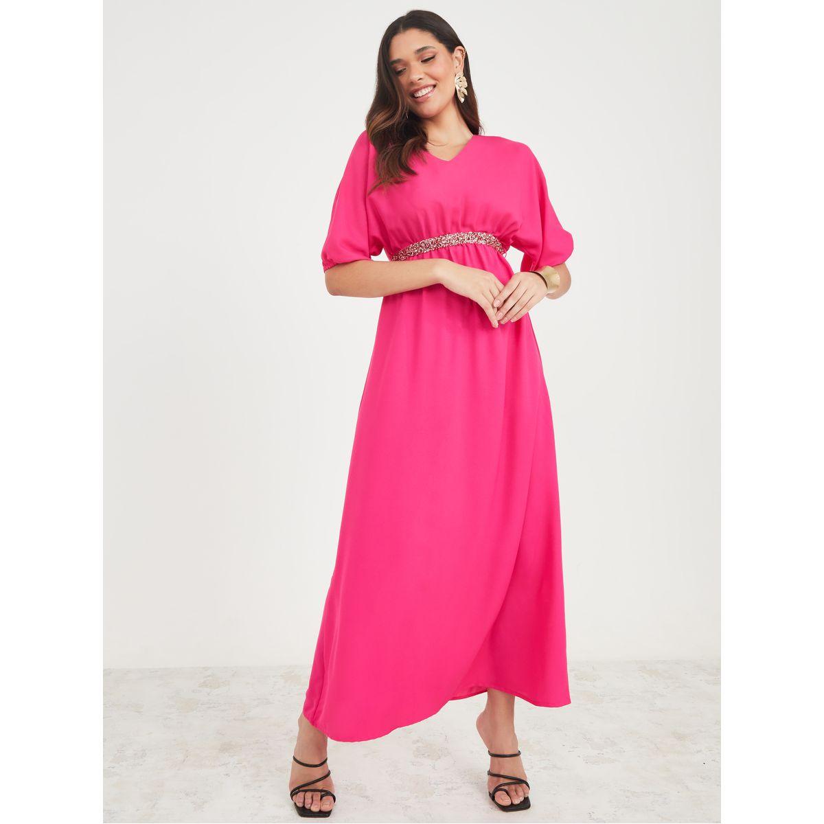 Styli Beaded Belt V Neck A-Line Maxi Dress-women-clothing-dresses-image-1