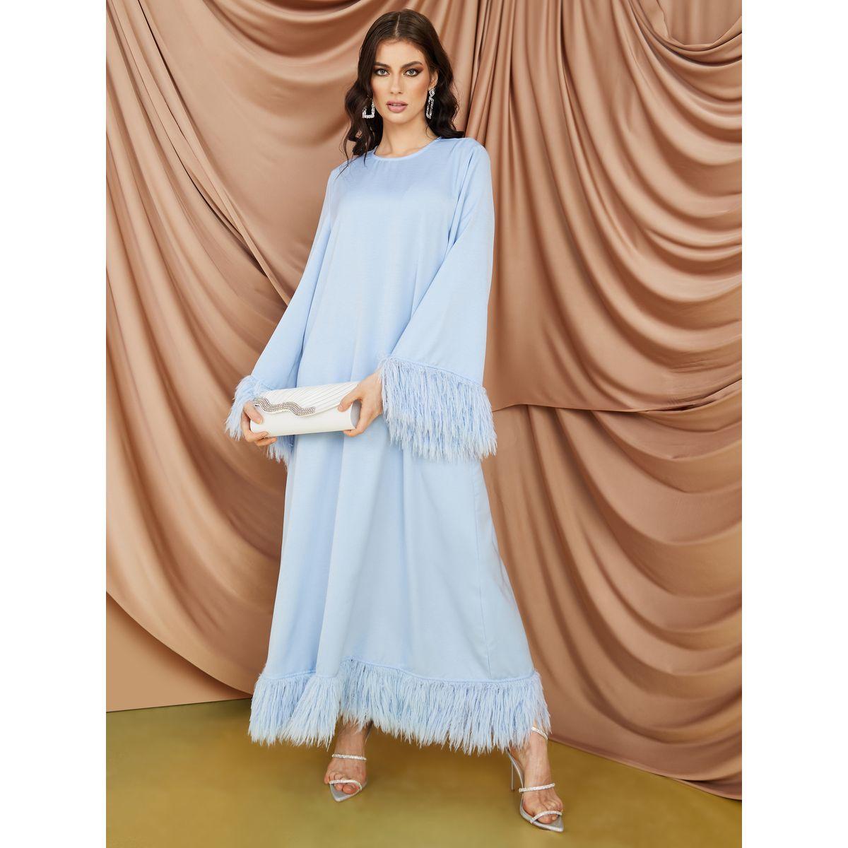 Styli Faux Feather Trim A-Line Jalabiya-women-arabicclothing-jalabiyas-image-1