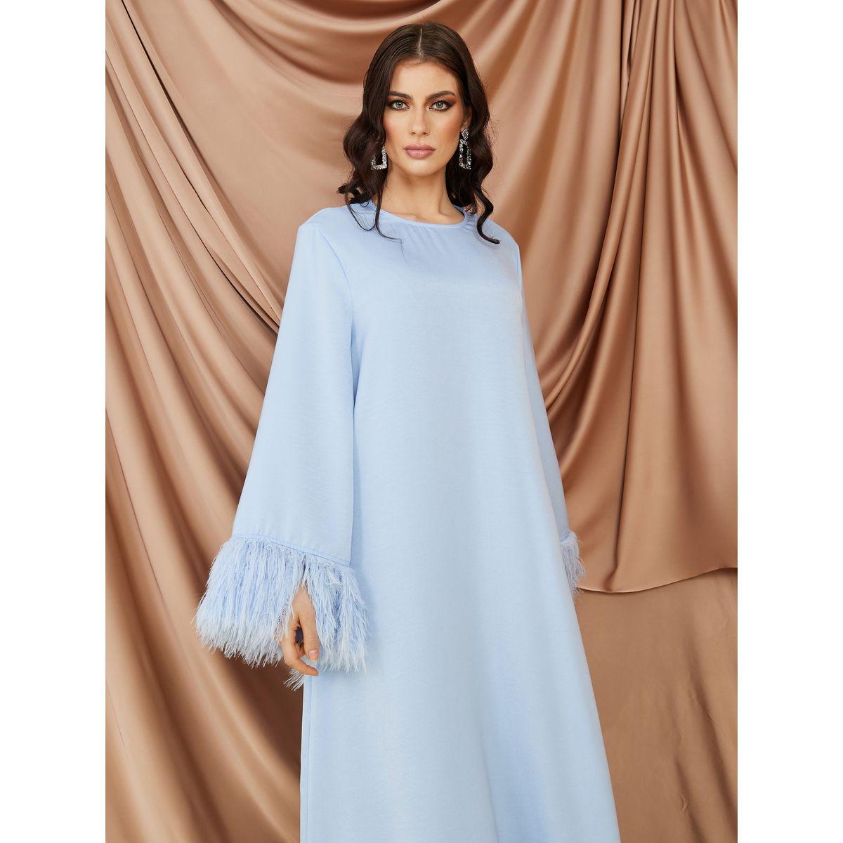 Styli Faux Feather Trim A-Line Jalabiya-women-arabicclothing-jalabiyas-image-2