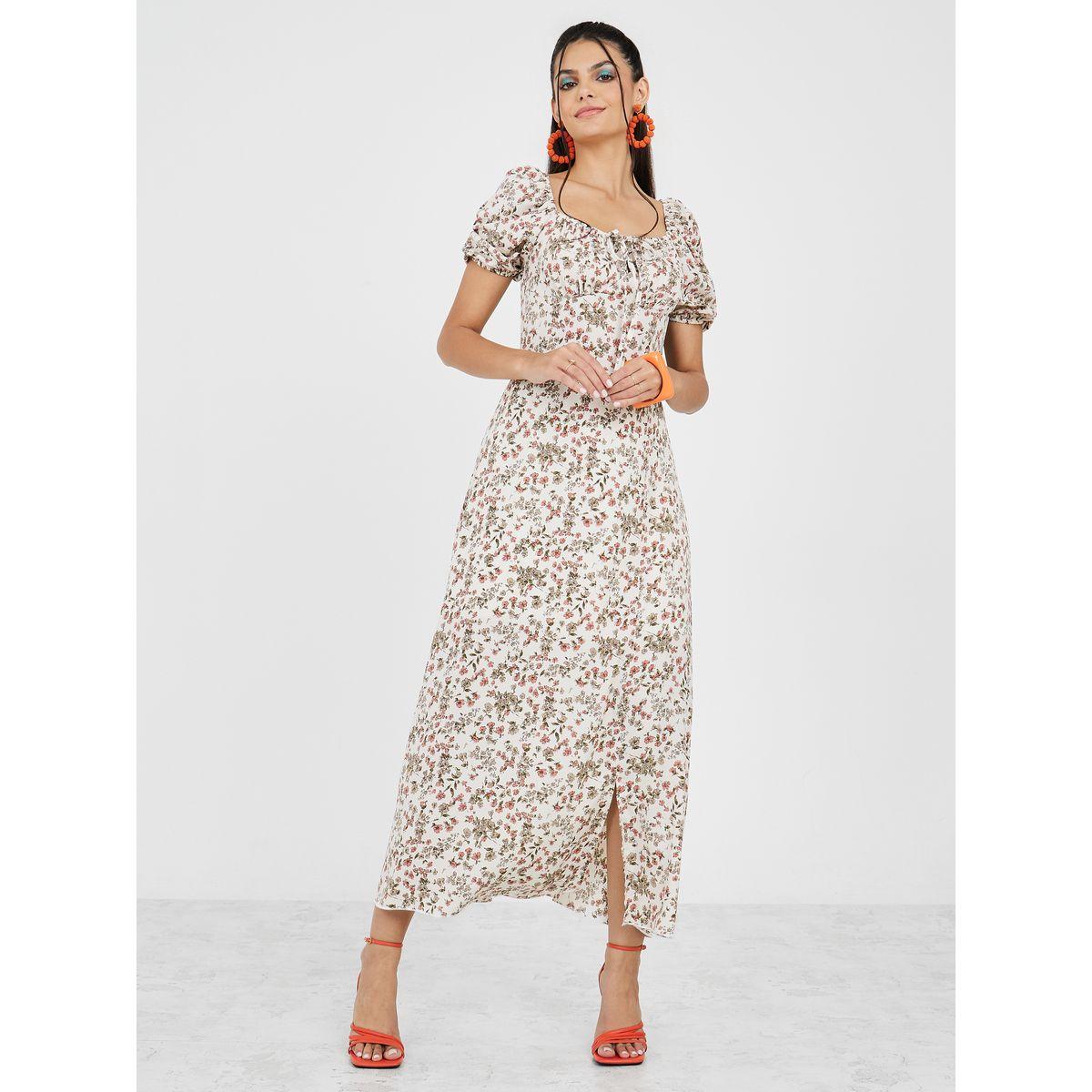 Styli Square Neck Slit Detail A-Line Midi Dress-women-clothing-dresses-image-1
