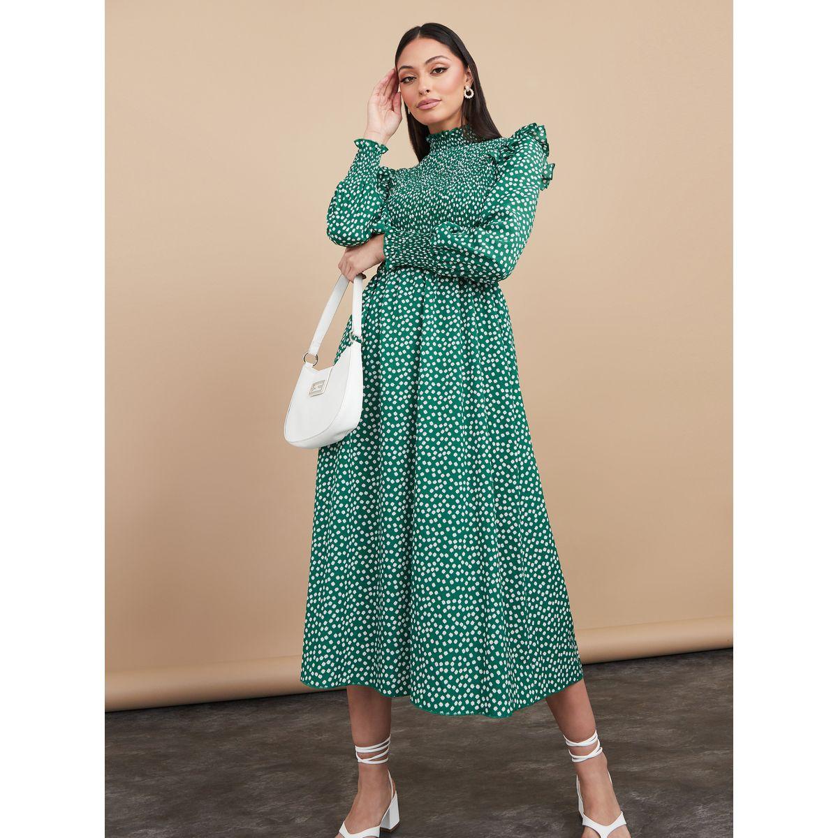 Styli High Neck Ditsy Print A-Line Midi Dress-women-clothing-dresses-image-1