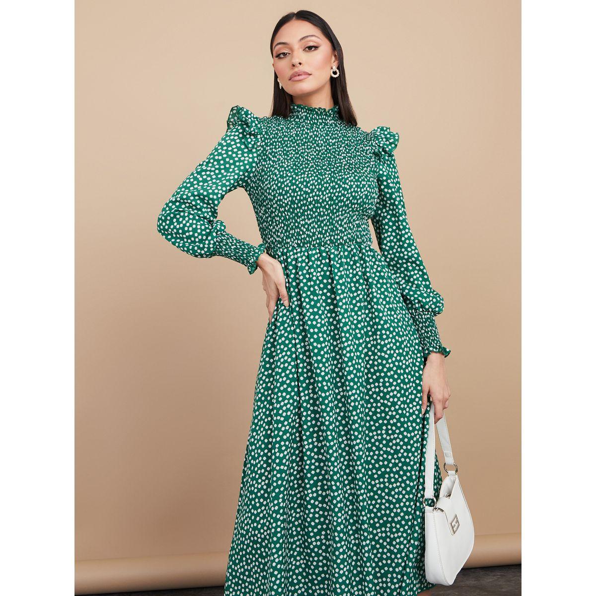 Styli High Neck Ditsy Print A-Line Midi Dress-women-clothing-dresses-image-2